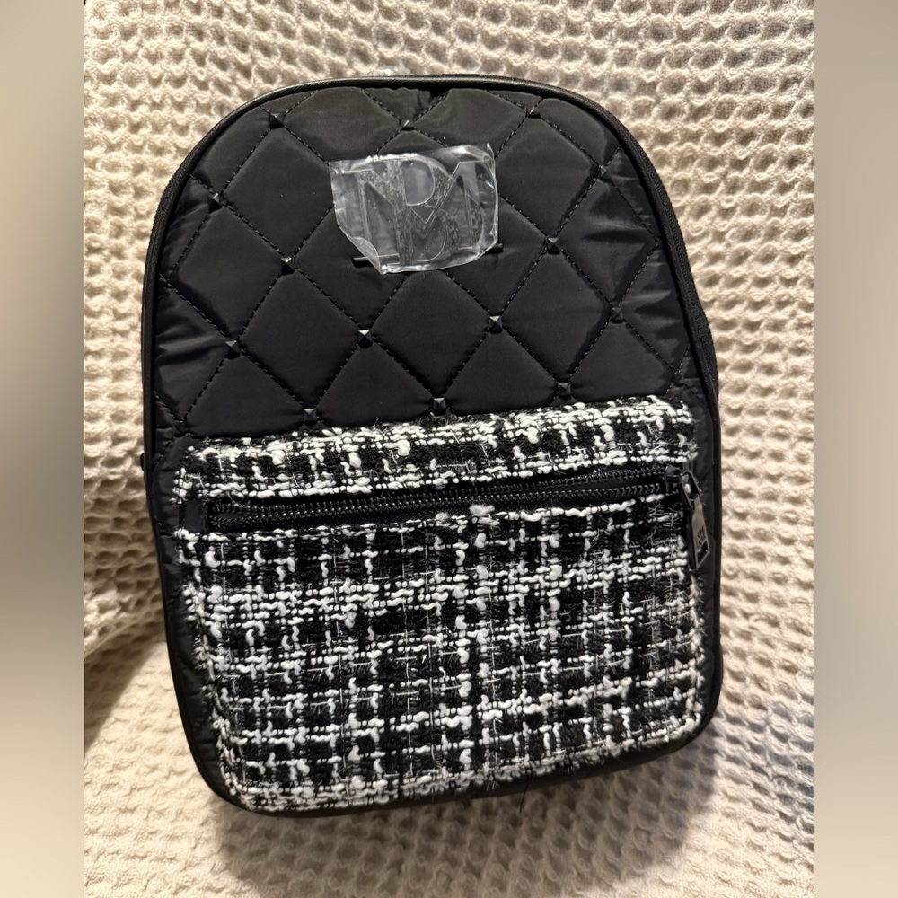 Badgley Mischka Studded Quilted Vegan Leather Backpack – Tweed Pocket – NWT